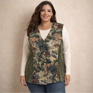Vintage Tapestry Faux Suede Vest Woodland Scenic Oversized L/XL Button Front